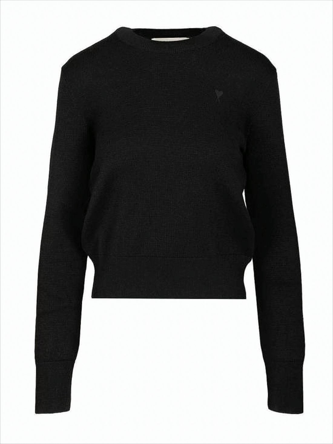 Fitted Black Wool Crewneck Sweater With Embroidered Detailing