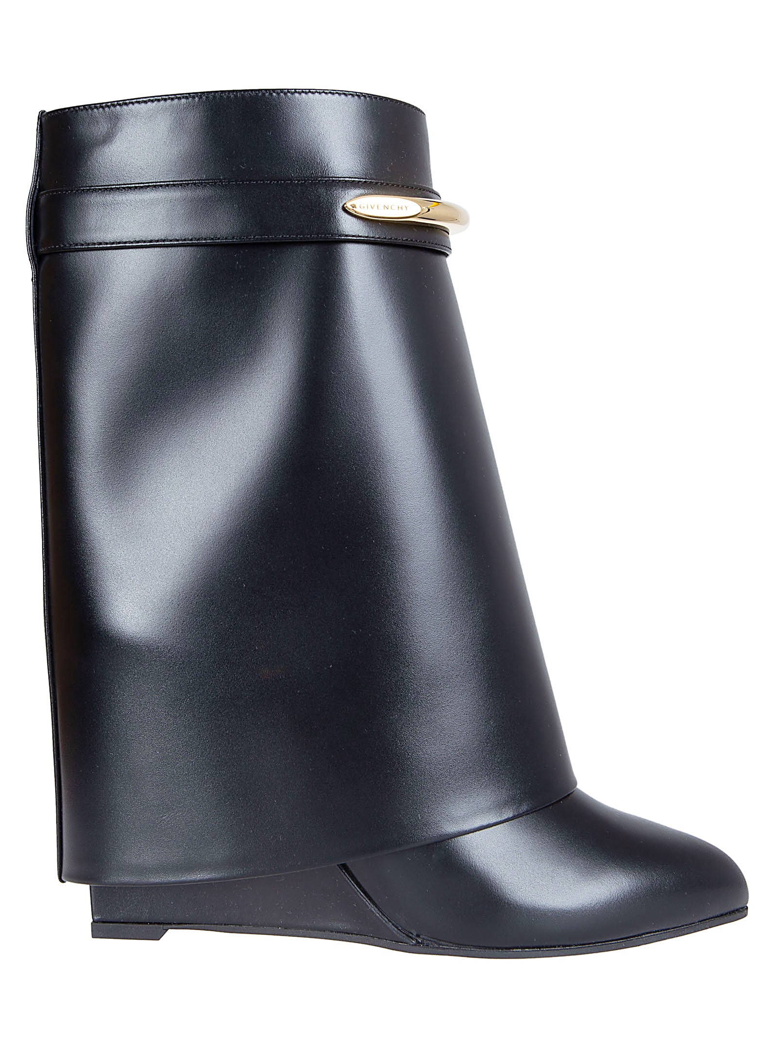 Pointed Toe Black Calf Leather Ankle Boots with Covered Wedge Heel