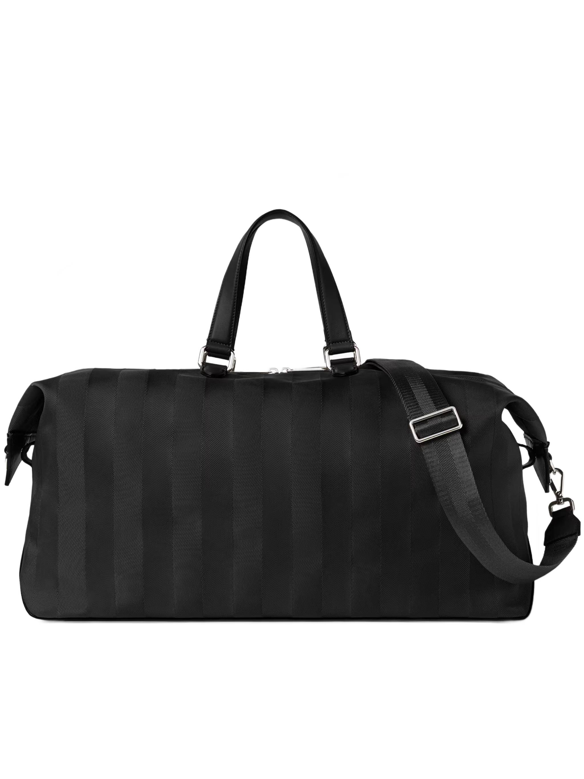 Matte Finish Black Duffle Bag with Striped Pattern and Silver Hardware