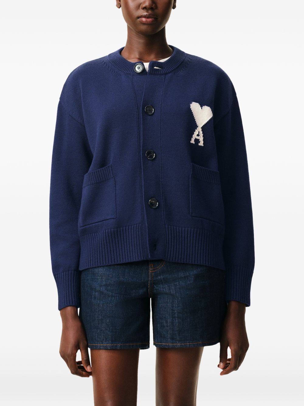 Navy Blue Ribbed Hem Crewneck Sweater