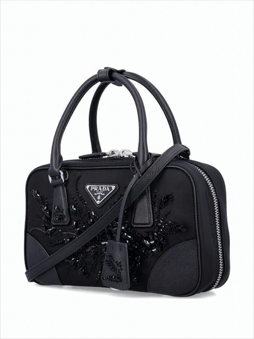 Rectangular Tote Bag With Leather Accents And Beaded Embellishments