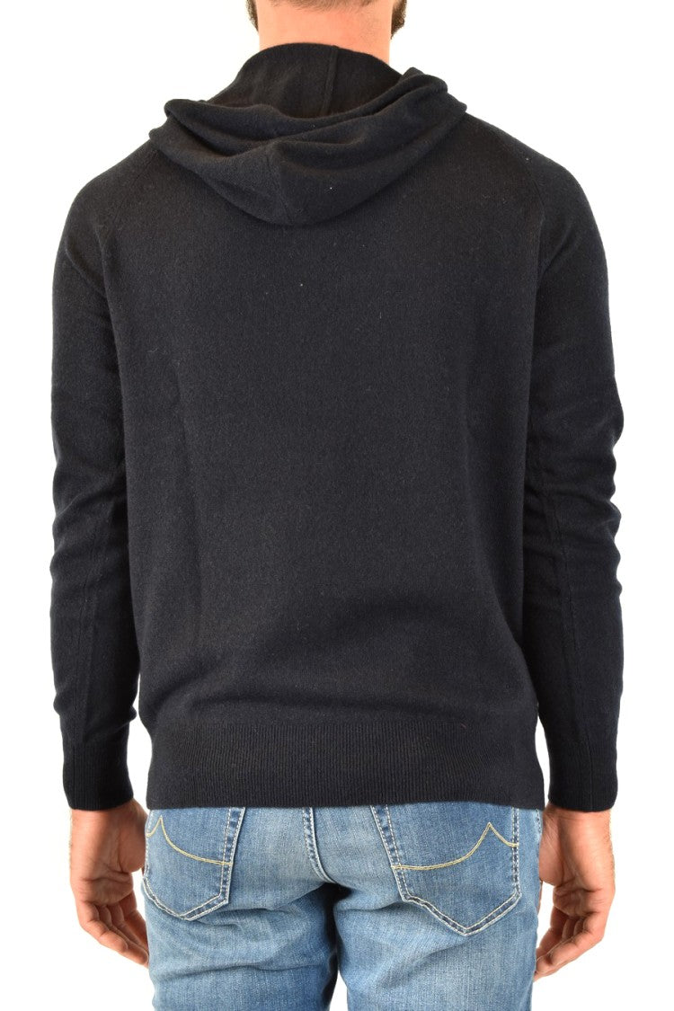 Hooded Black Knitwear With Drawstrings