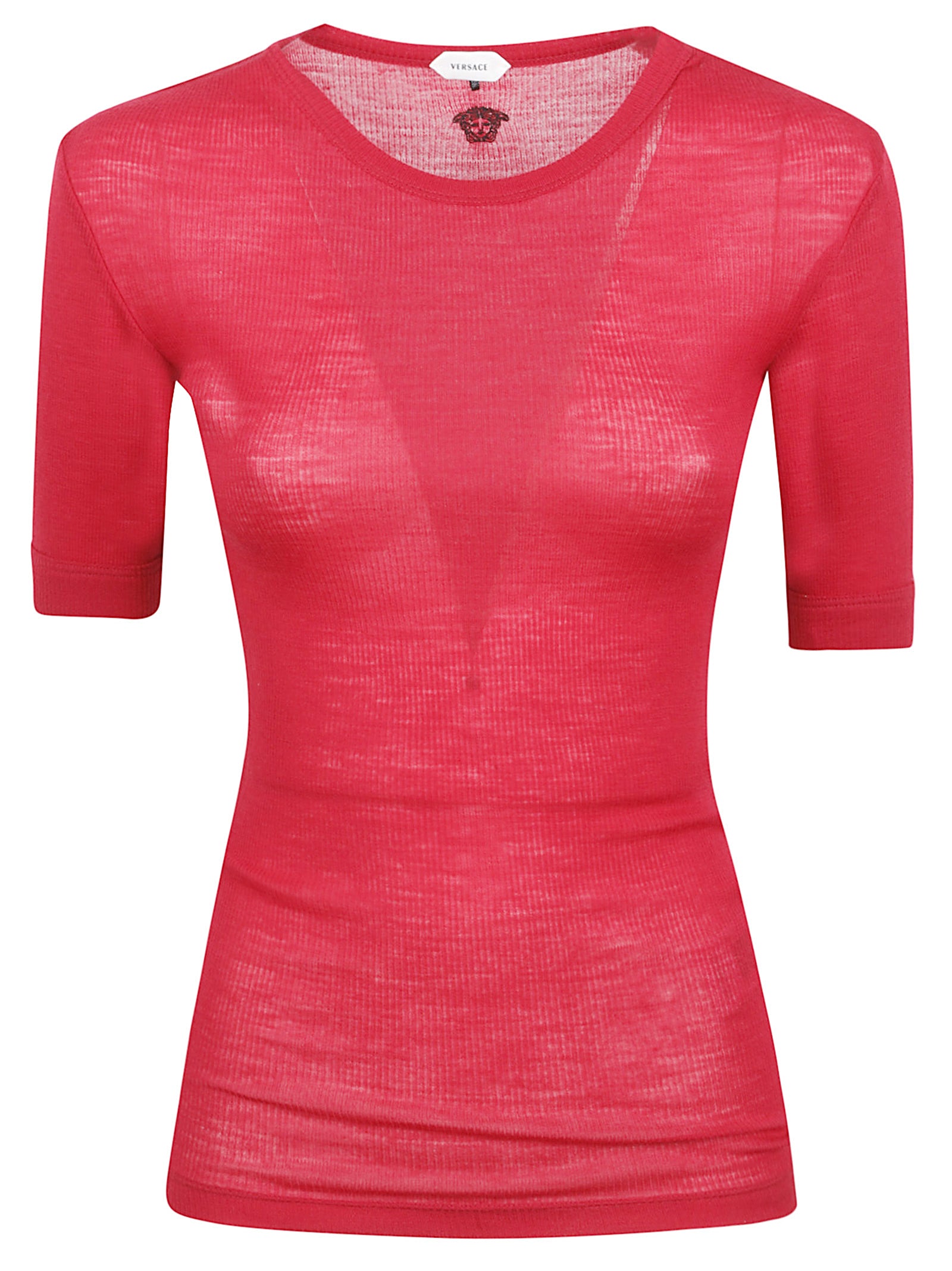 Fitted Ribbed Knit Top with Embroidered Medusa Motif