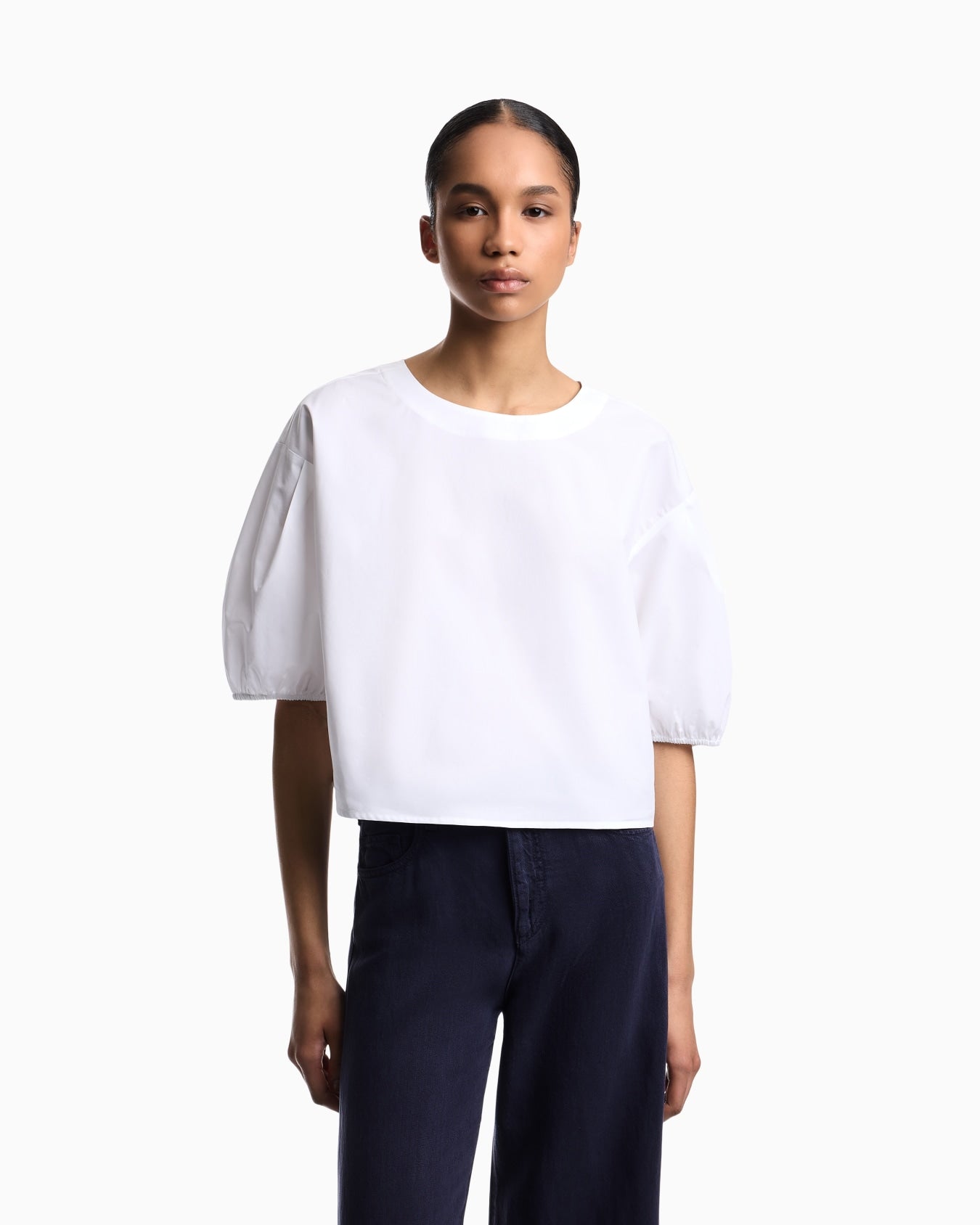 Poplin Puffed Sleeves Round Neck Blouse