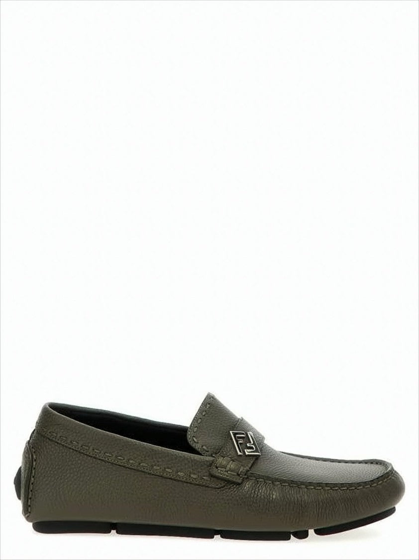 Textured Calf Leather Loafers With Metallic Logo Detail