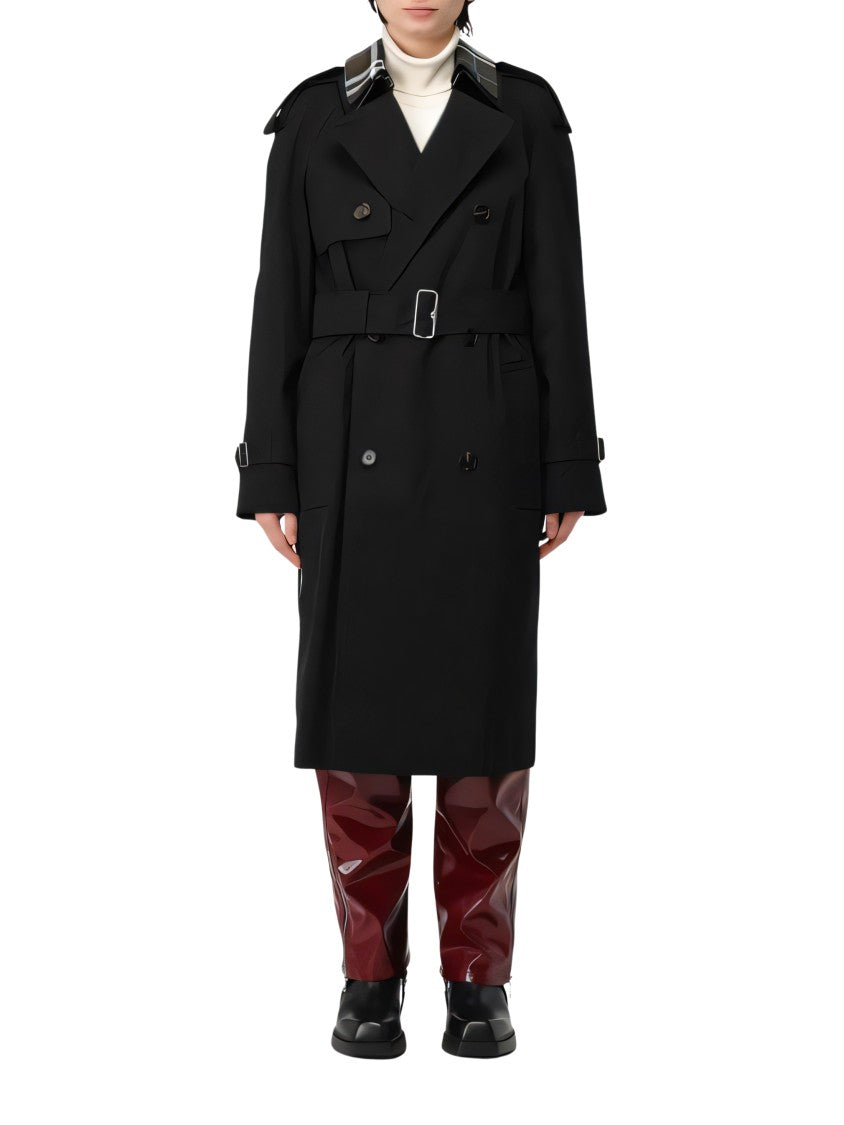 Double-Breasted Trench Coat with Distinctive Plaid Detail