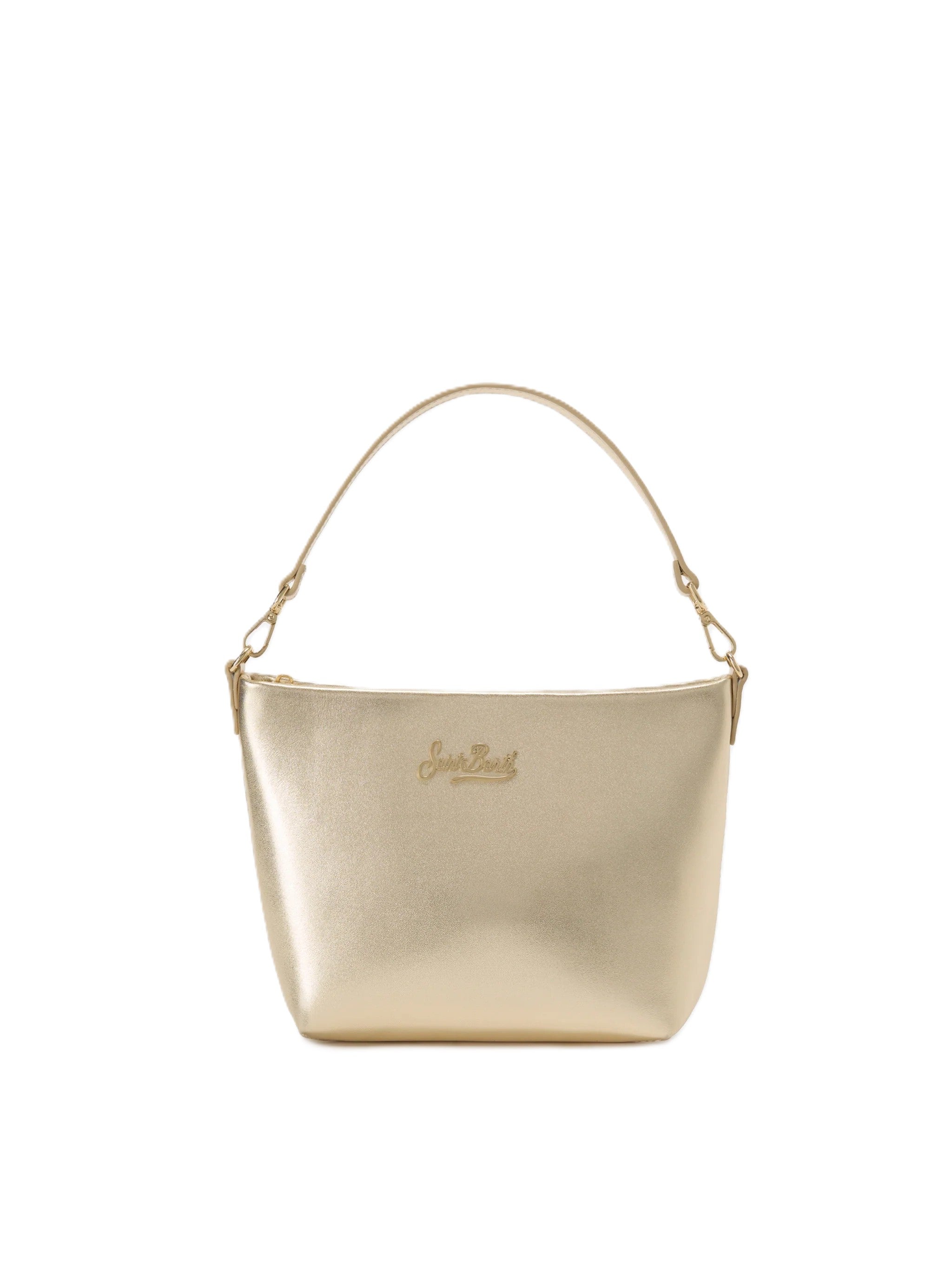 Minimalist Metallic Gold Handbag with Embossed Logo Detail