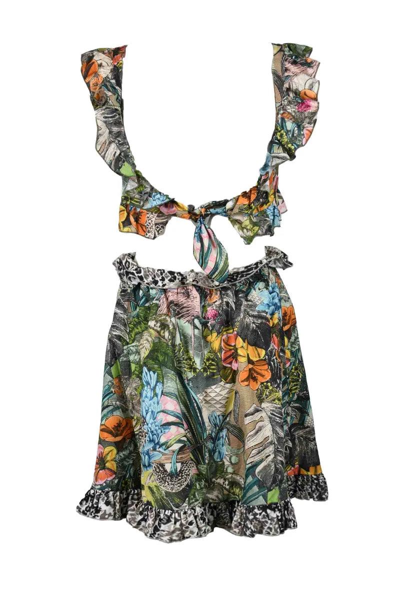 Ruffled Mini Dress with Botanical Print