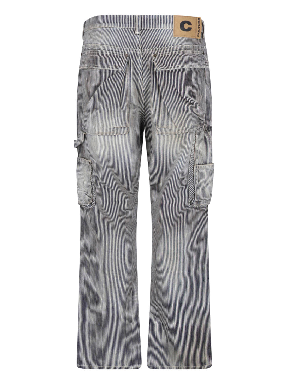 Relaxed Fit Denim Jeans with Vertical Pinstripe Pattern and Vintage Aesthetic