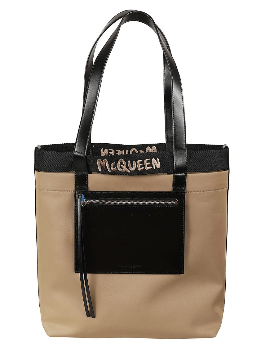 Beige Tote Bag With Black Leather Handles