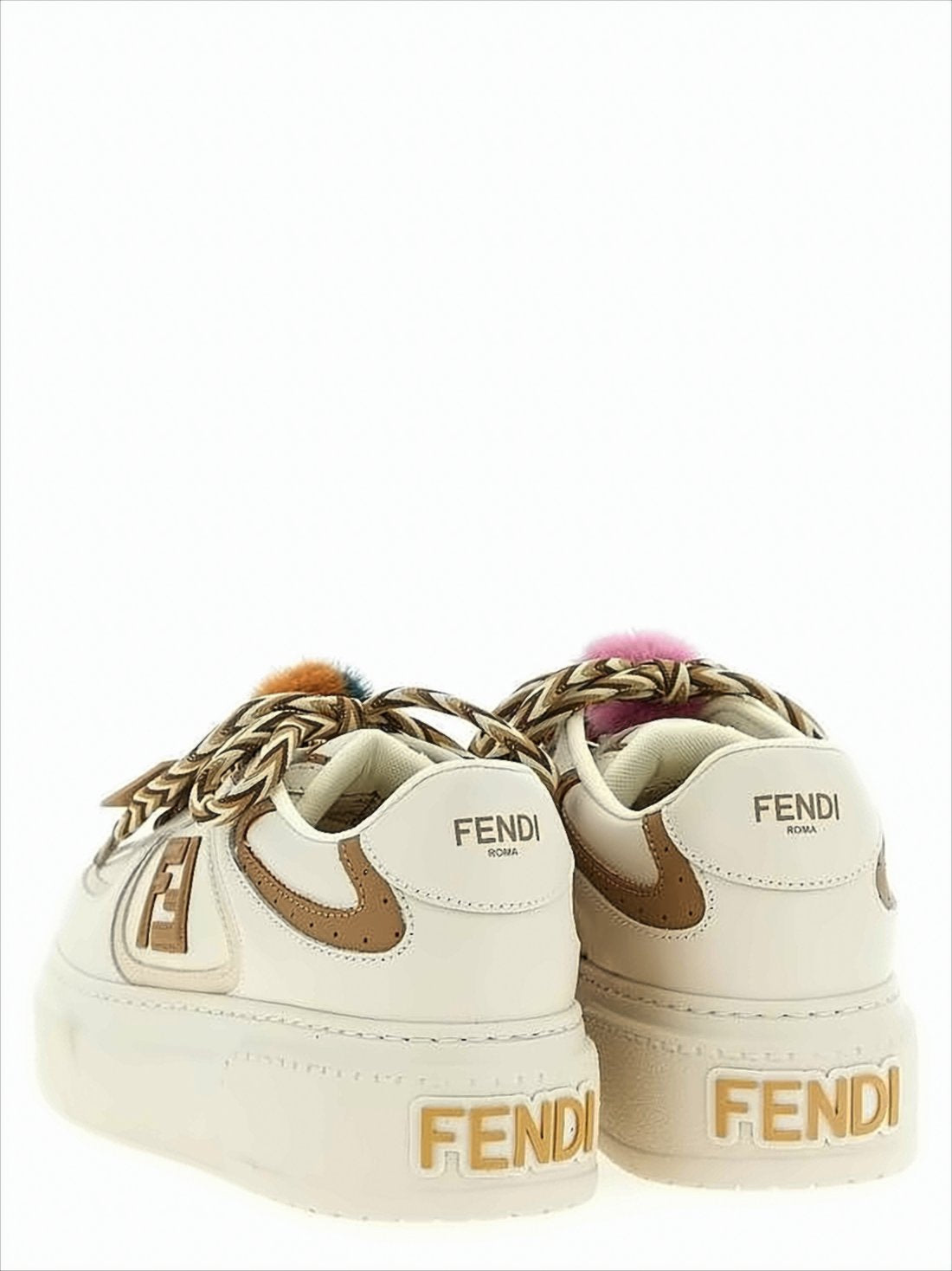Creamy Leather Sneakers with Colorful Pom-Poms