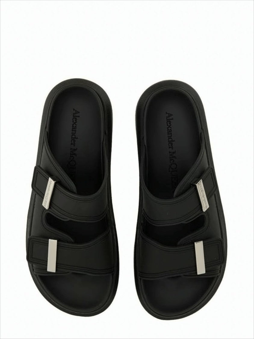 Black Rubber Slip-On Mules with Adjustable Straps