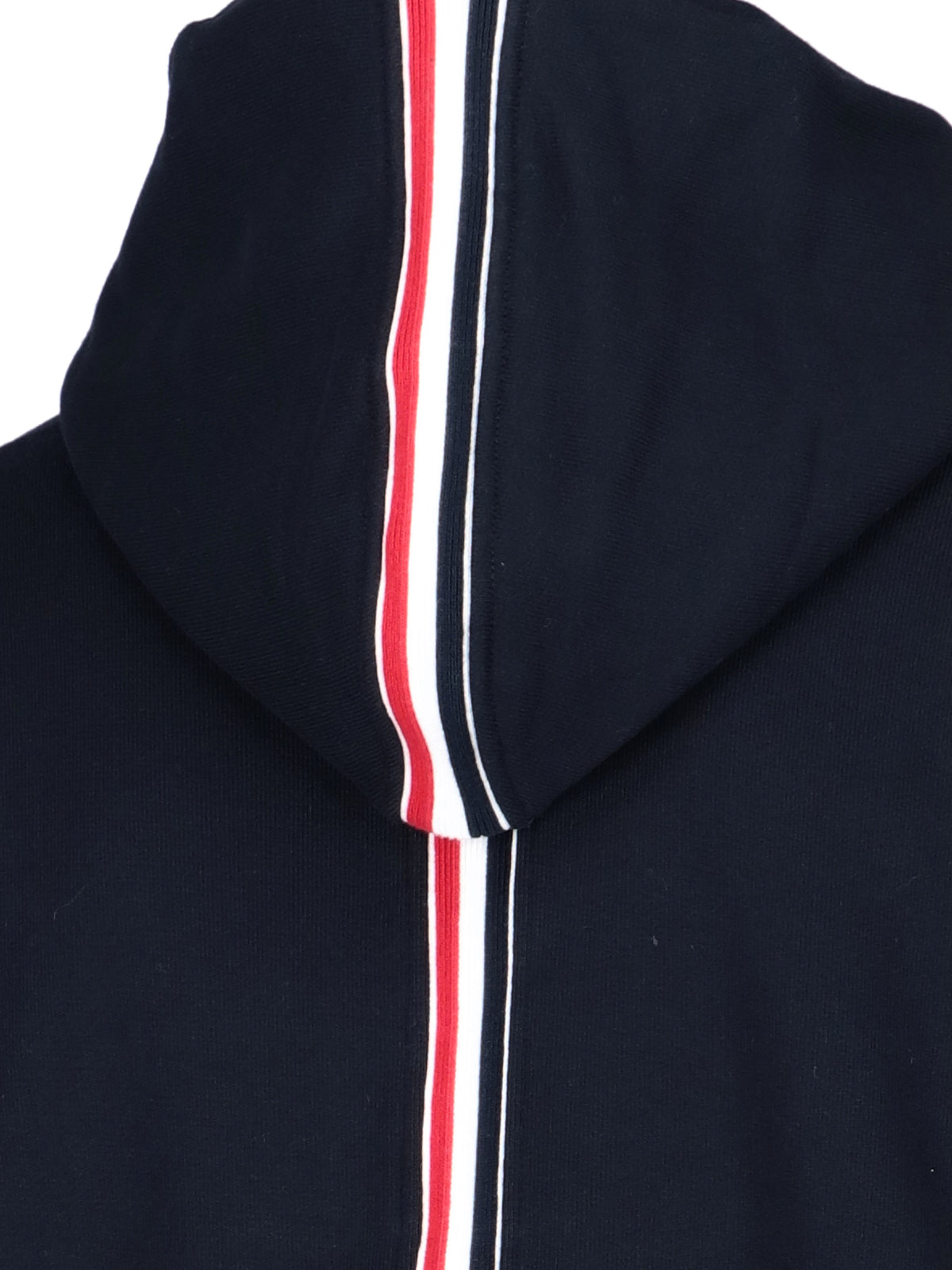 Navy Blue Cotton Hoodie With Grosgrain Stripe Detail
