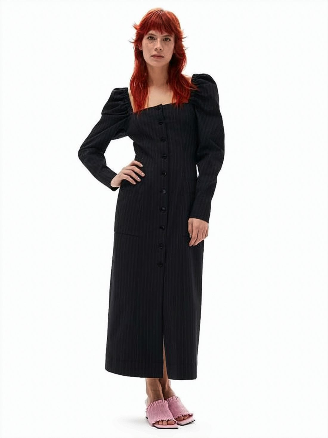 Square Neck Puffed Sleeve Midi Dress with Button-Down Front