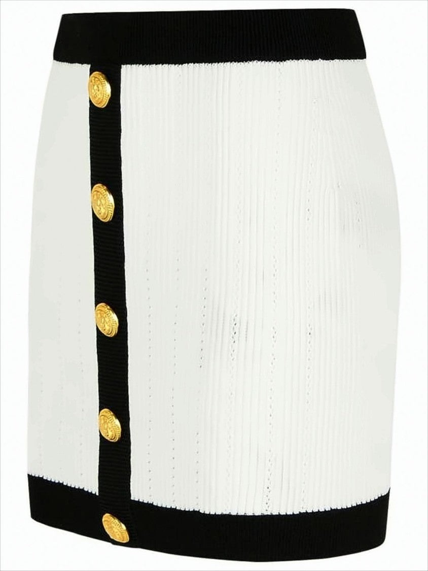 Ribbed White Mini Skirt with Ornate Gold Buttons