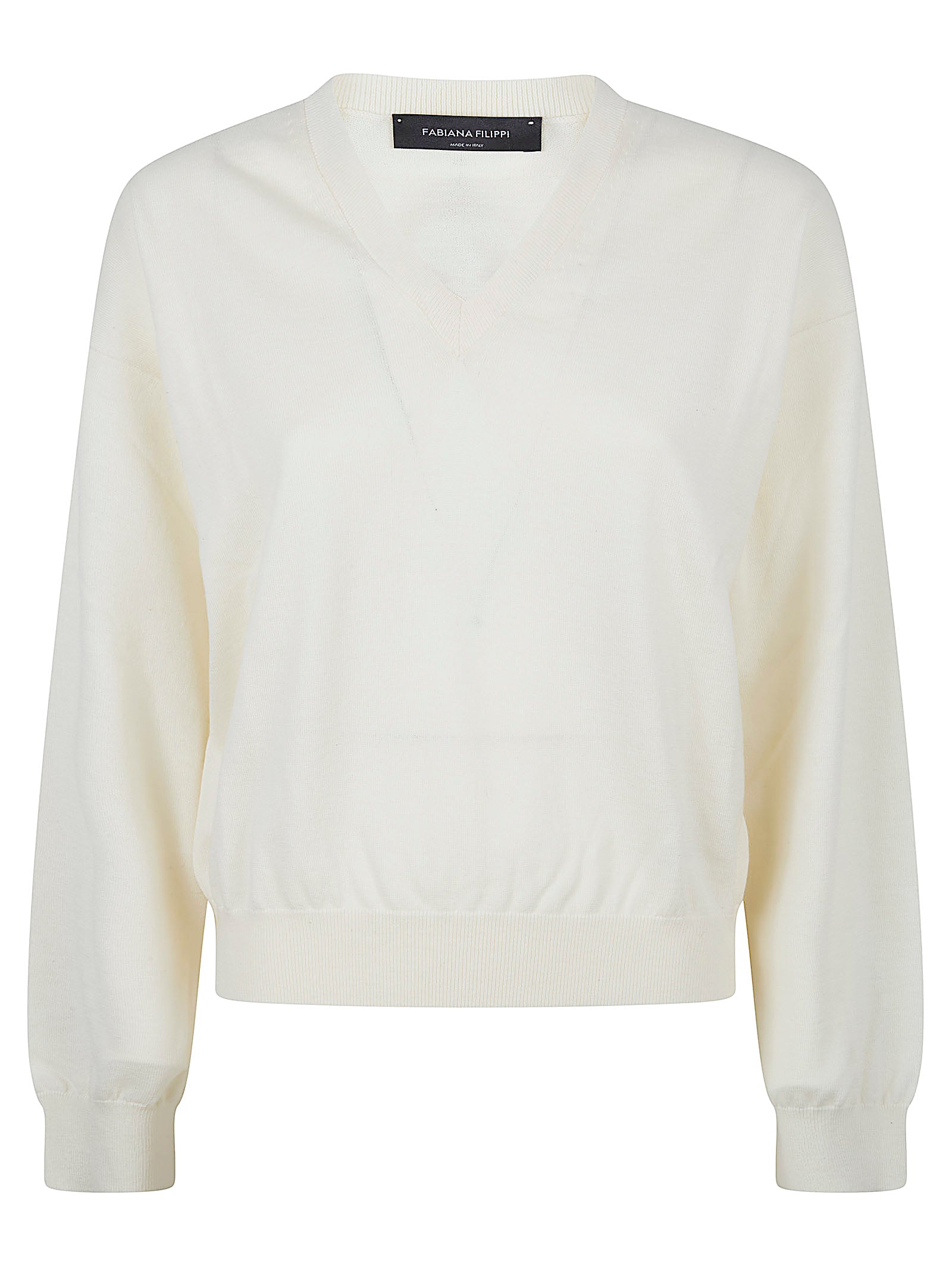 V-Neck White Wool-Cotton Blend Sweater
