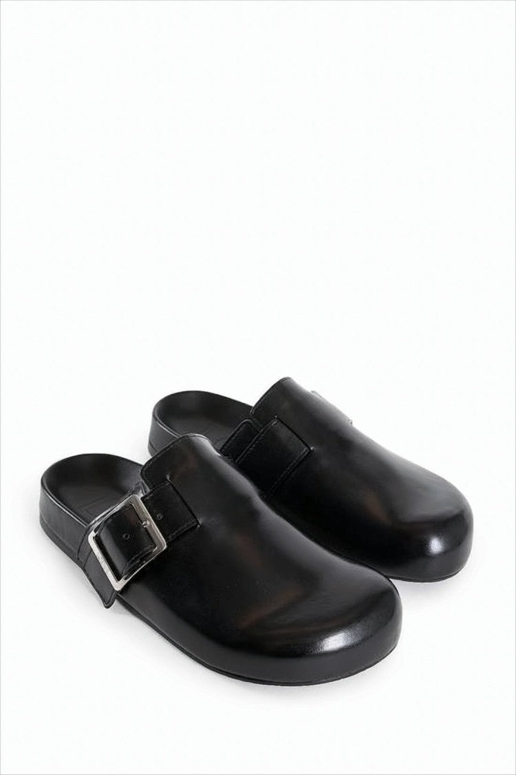 Black Calf Leather Mule with Silver Buckle Detail