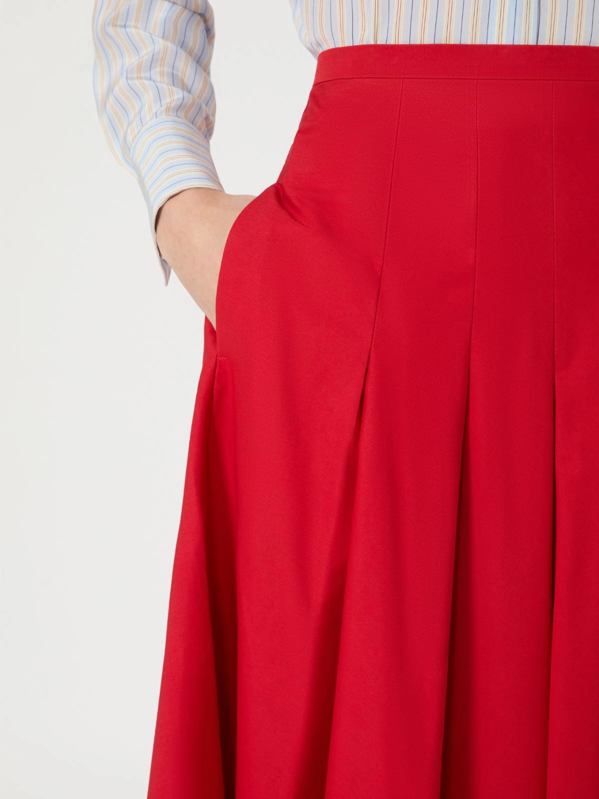 Red Midi Skirt with Structured Pleats