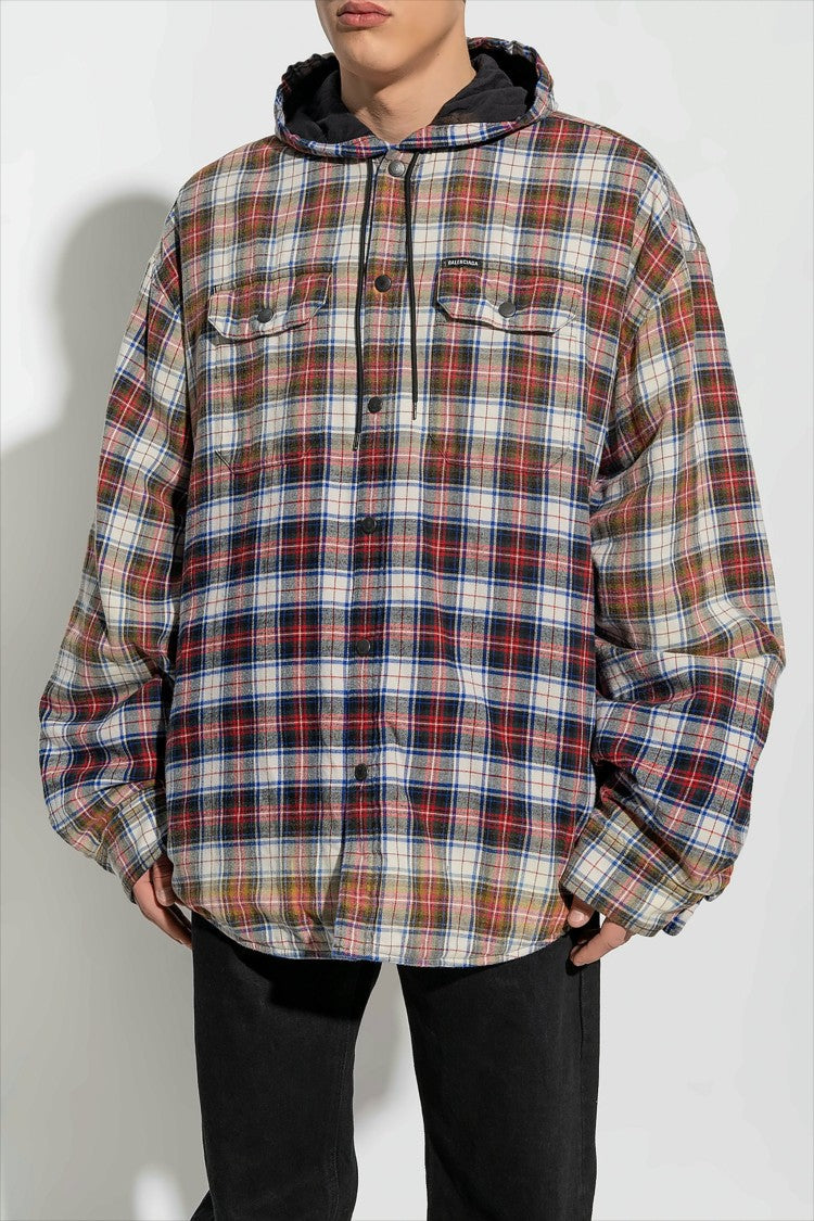 Bleached Plaid Hooded Long Sleeve Shirt