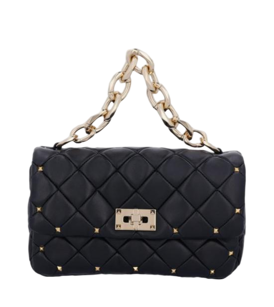 Quilted Black Lambskin Shoulder Bag with Stud Accents