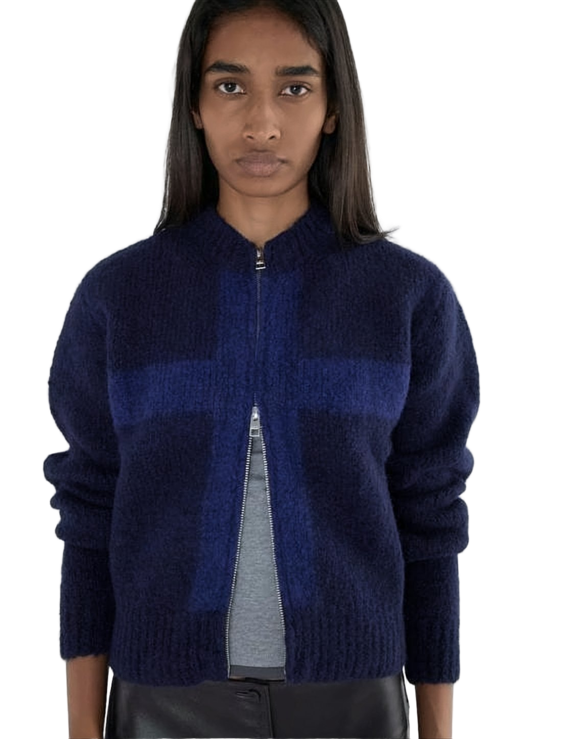 Fuzzy Texture Zip-Up Cardigan with Cross Pattern