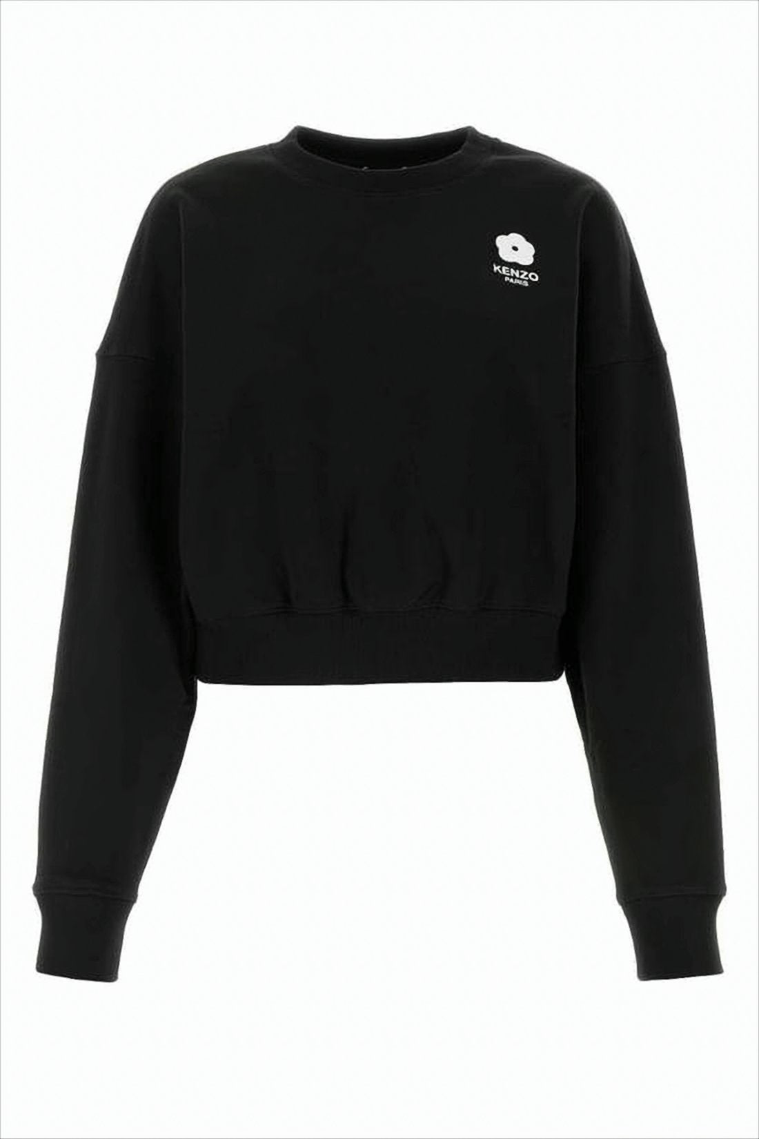 Cropped Long-Sleeve Top With Floral Emblem And Gathered Hem