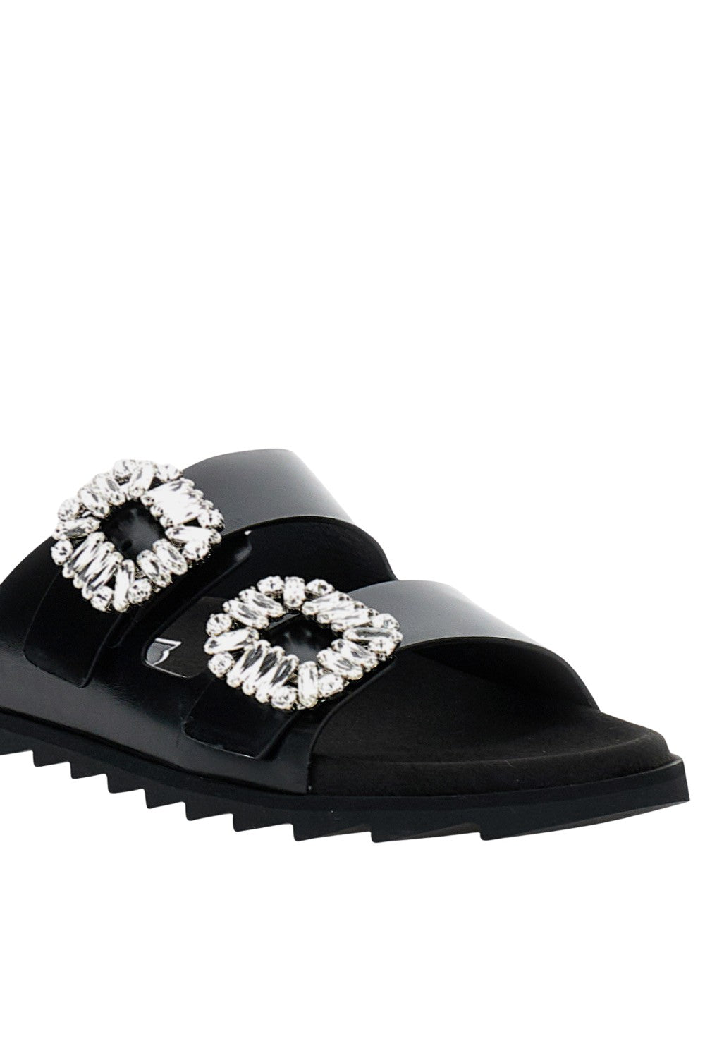 Flat Black Sandals With Crystal Embellishments