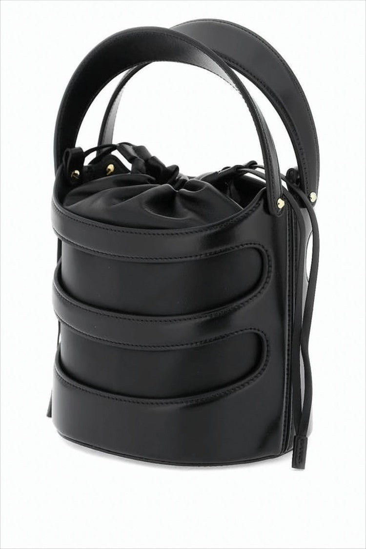 Layered Black Lambskin Crossbody Bag with Drawstring Closure