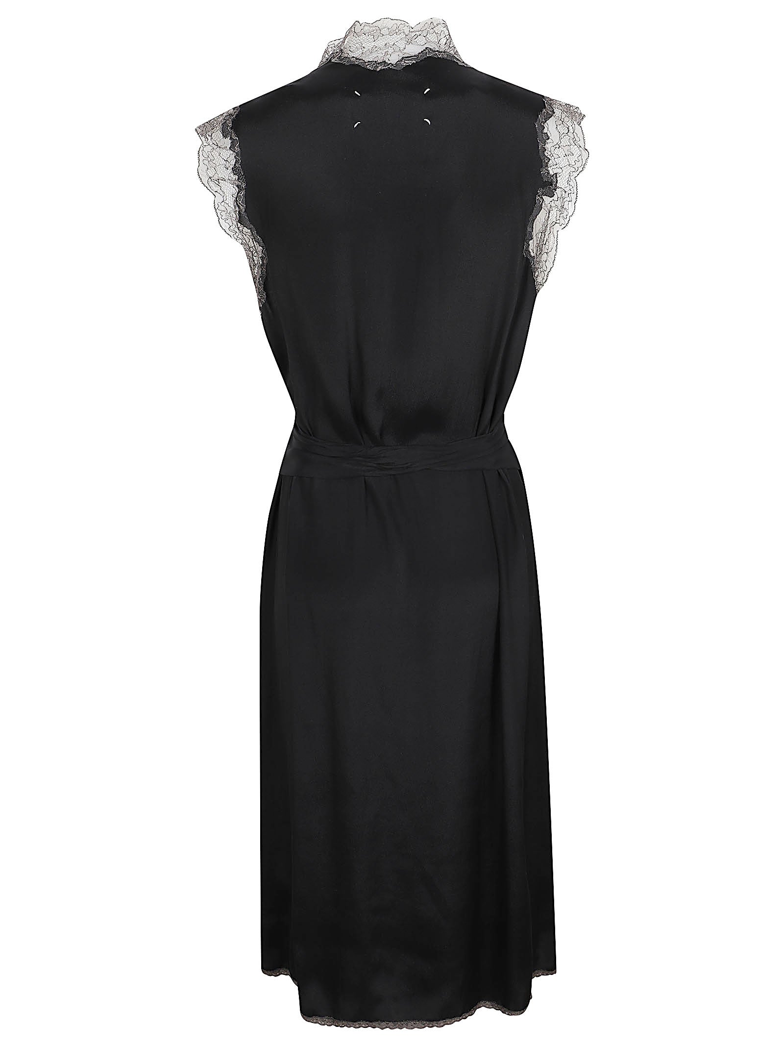 Flowing Black Dress with Lace Trim and Belted Waist