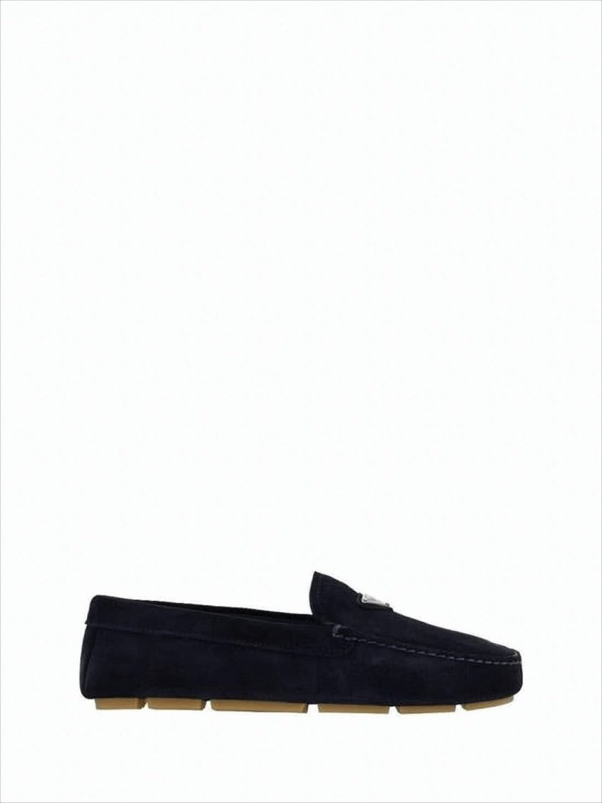 Black Suede Loafers with Metallic Triangle Emblem by Prada