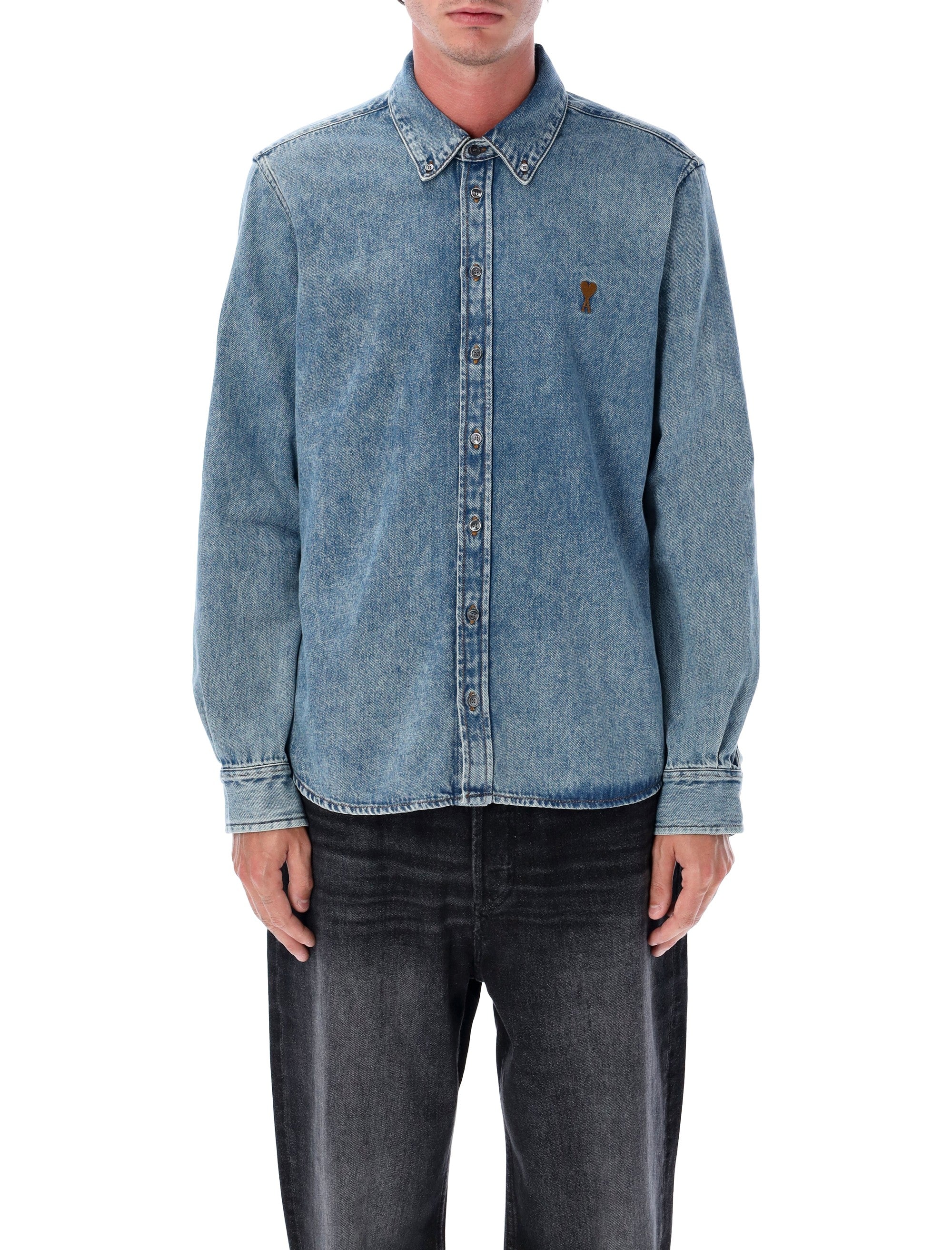 Classic Fit Stonewashed Denim Shirt with Embroidered Heart Detail