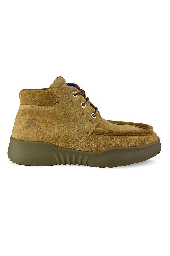 Beige Suede Boots With Embossed Logo