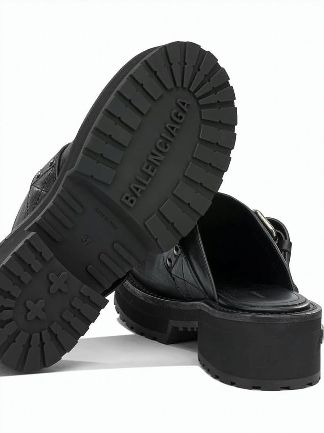 Black Chunky Sole Buckle Leather Mules