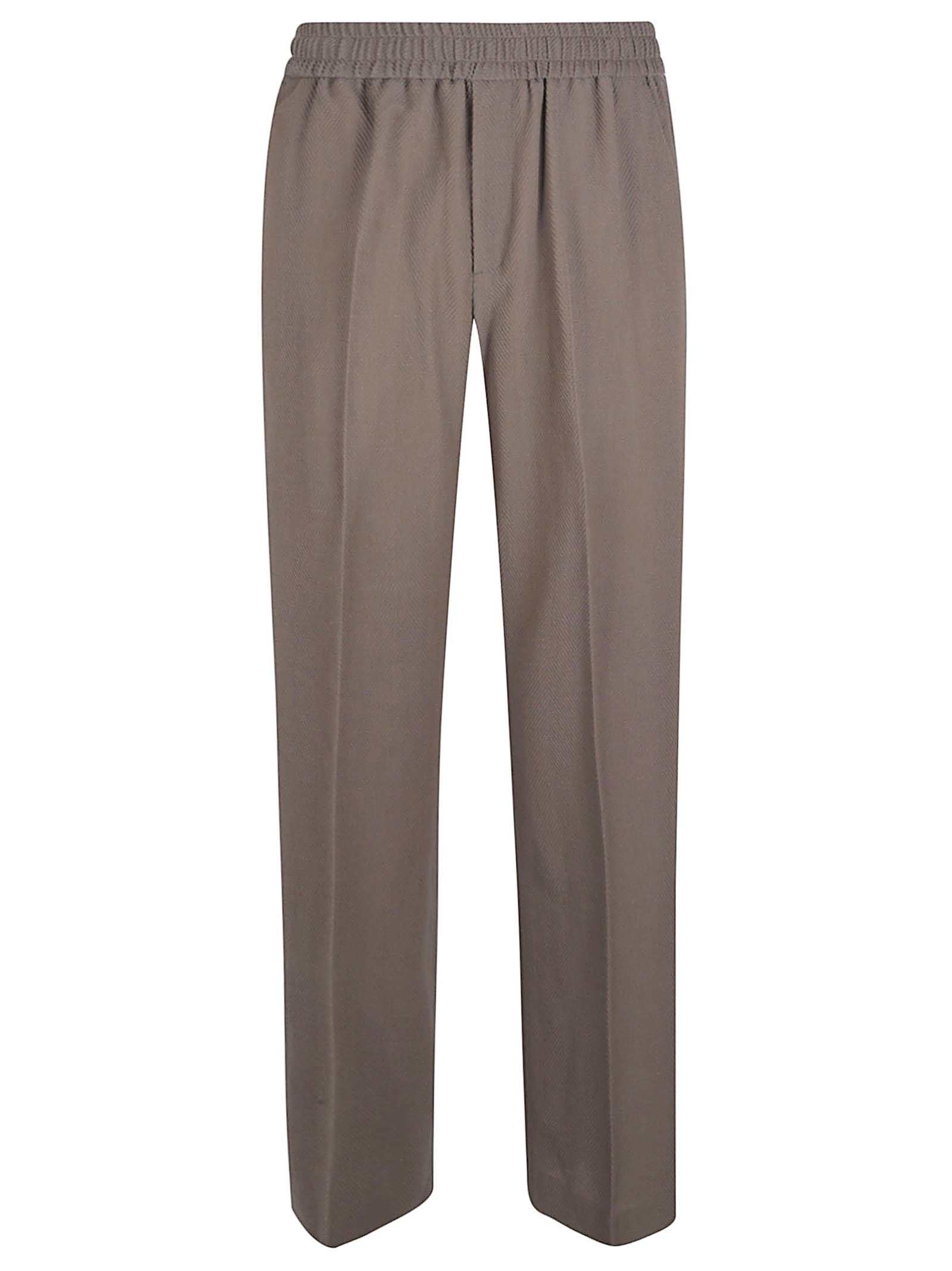 Straight-Leg Casual Trousers with Elastic Waistband and Herringbone Texture