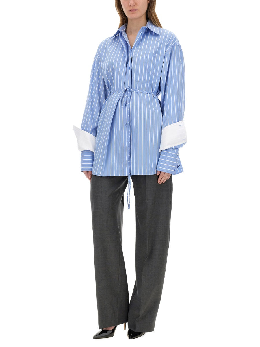 Oversized Striped Cotton Shirt With Adjustable Waist