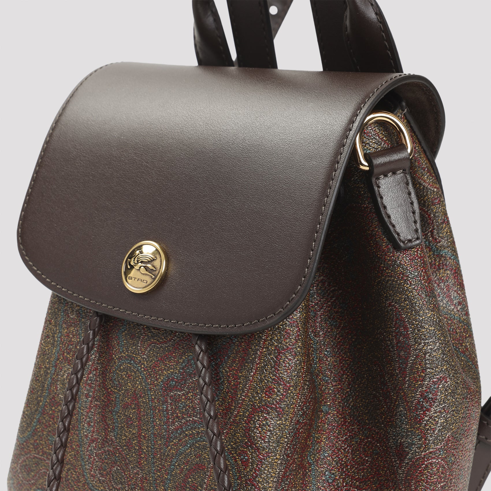Paisley-Patterned Bucket Backpack Bag with Leather Accents