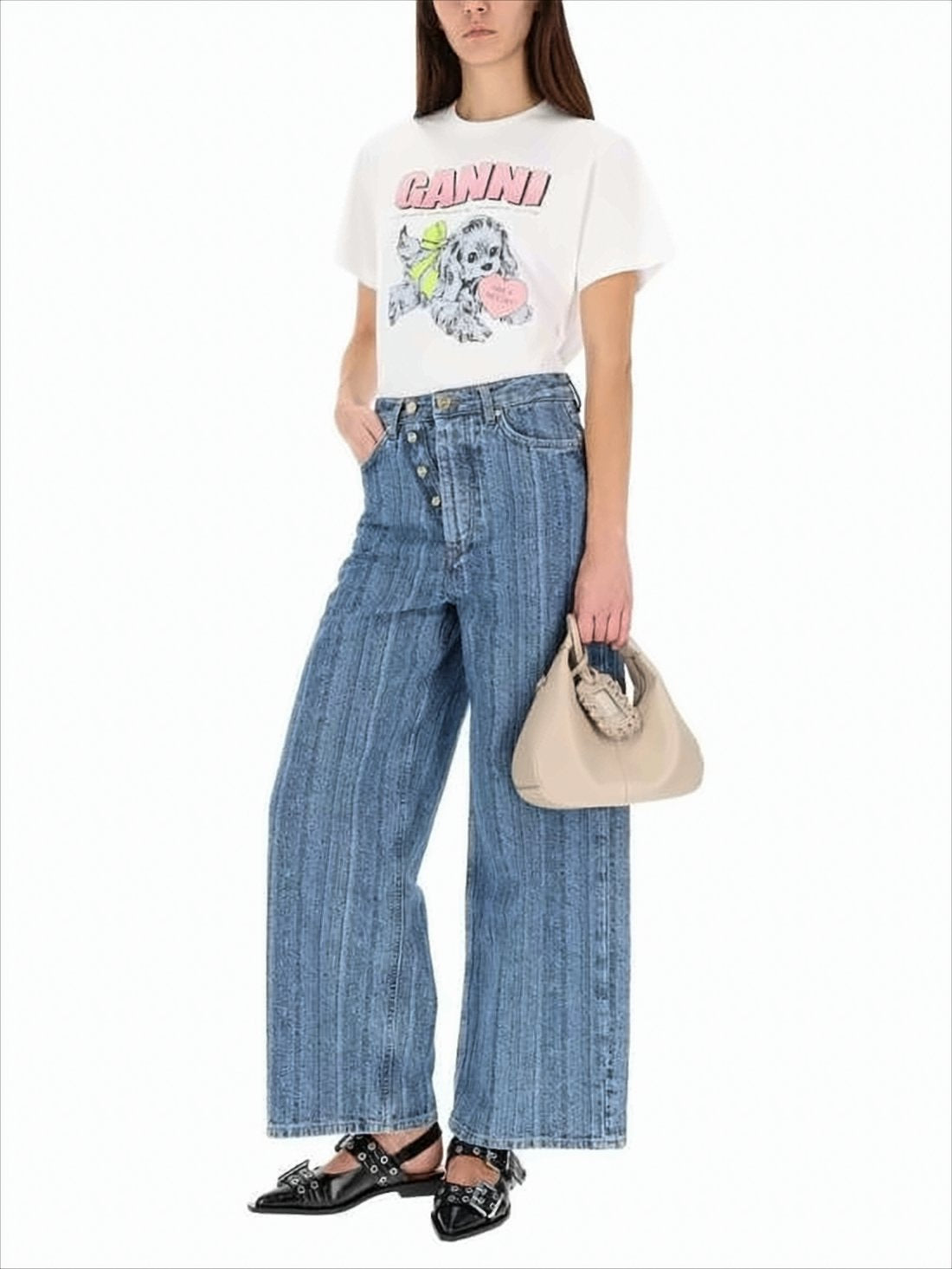 Wide-Leg Denim Pants with Vertical Striped Pattern
