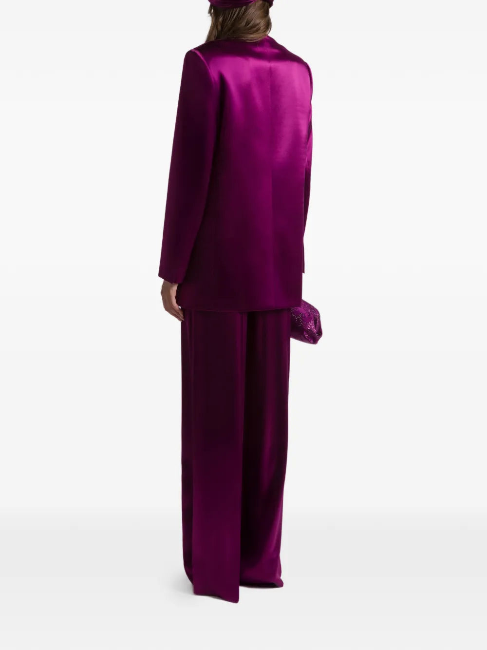 Double-Breasted Shiny Satin Jacket with Magenta Finish
