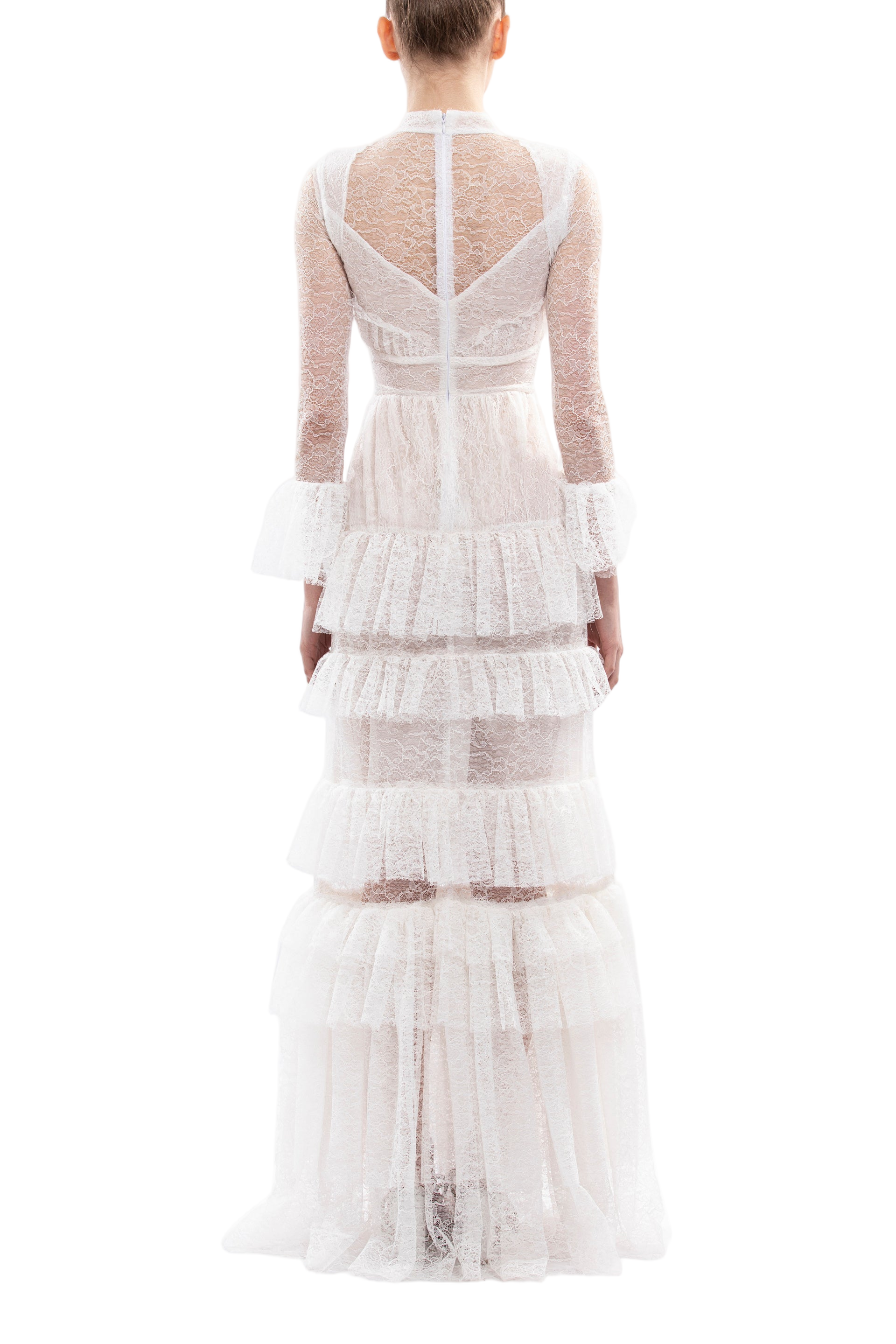 Off-White Lace Maxi Dress with Gathered Skirt and Long Sleeves