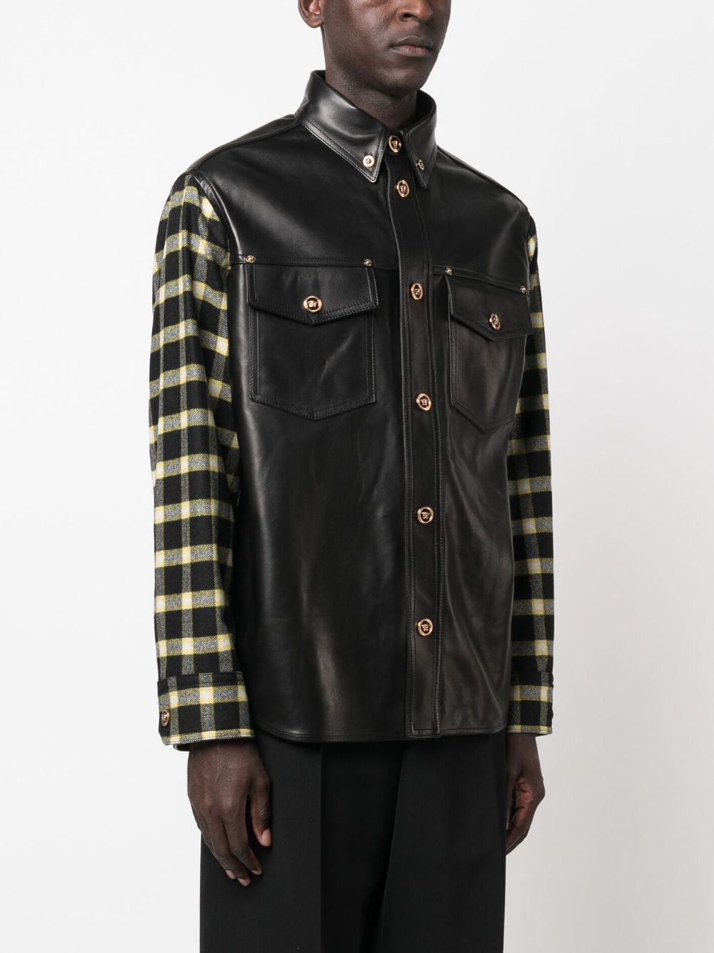 Black Blouson Leather Checkered Sleeve Jacket