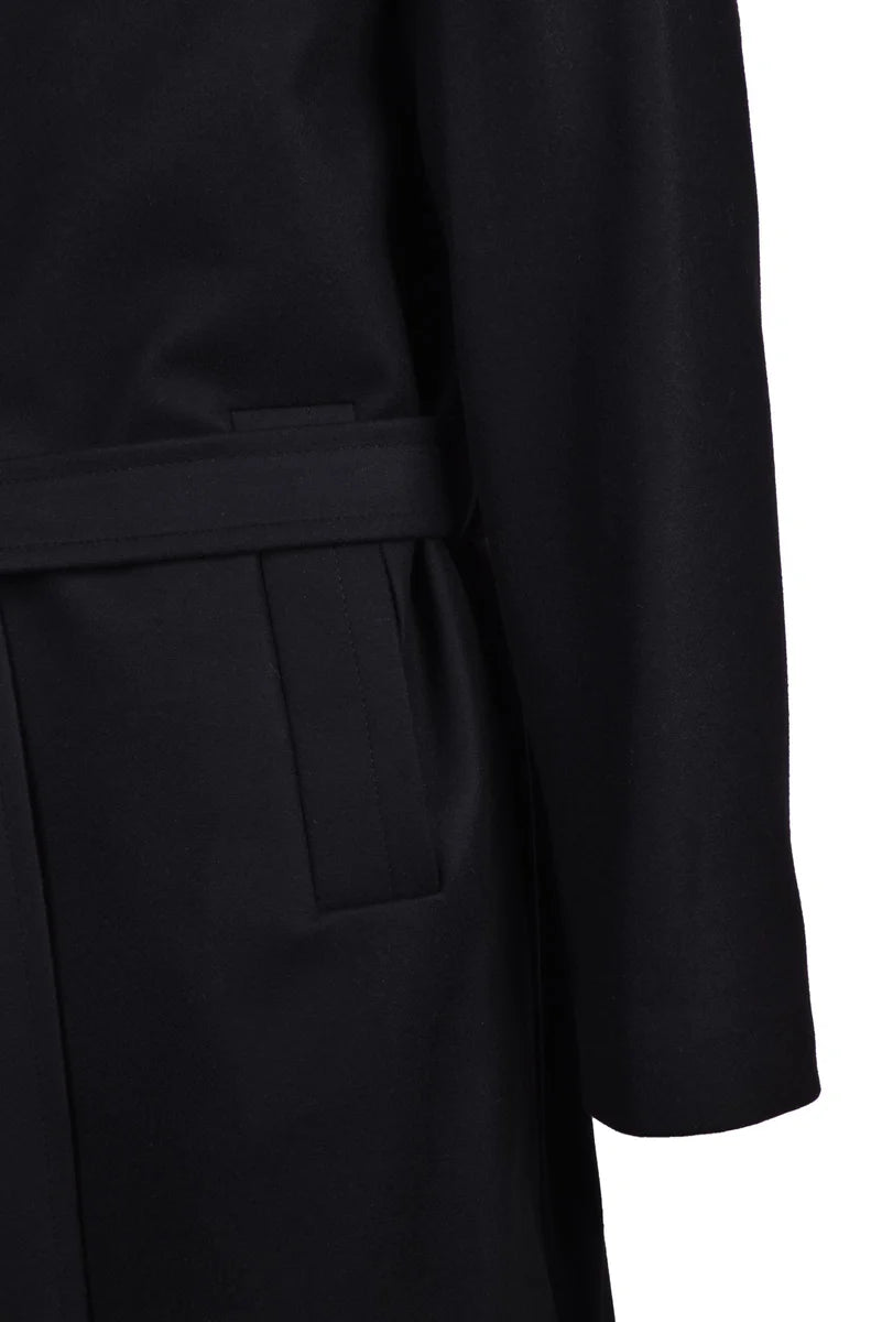 Mid-Length Black Coat with Self-Tie Belt
