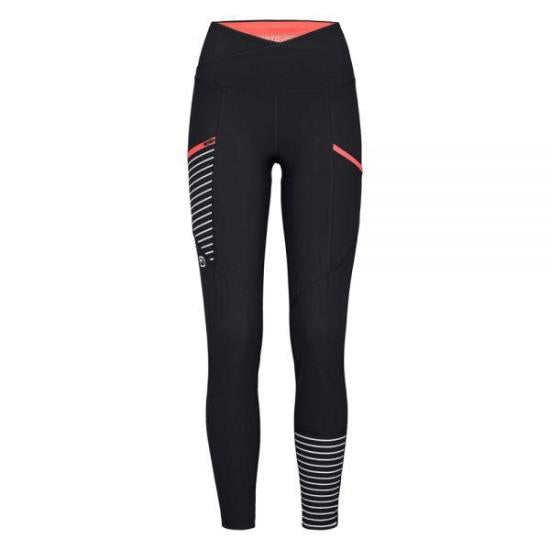 High-Waisted Black Leggings with Coral Accents and Striped Detailing