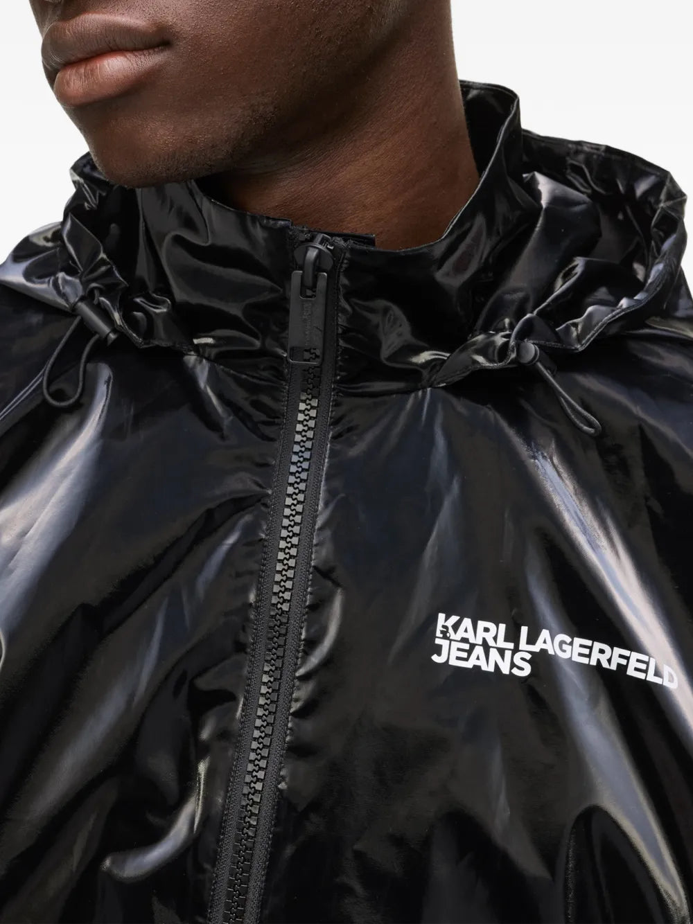 Glossy Black Finish Casual Jacket with Adjustable Hood