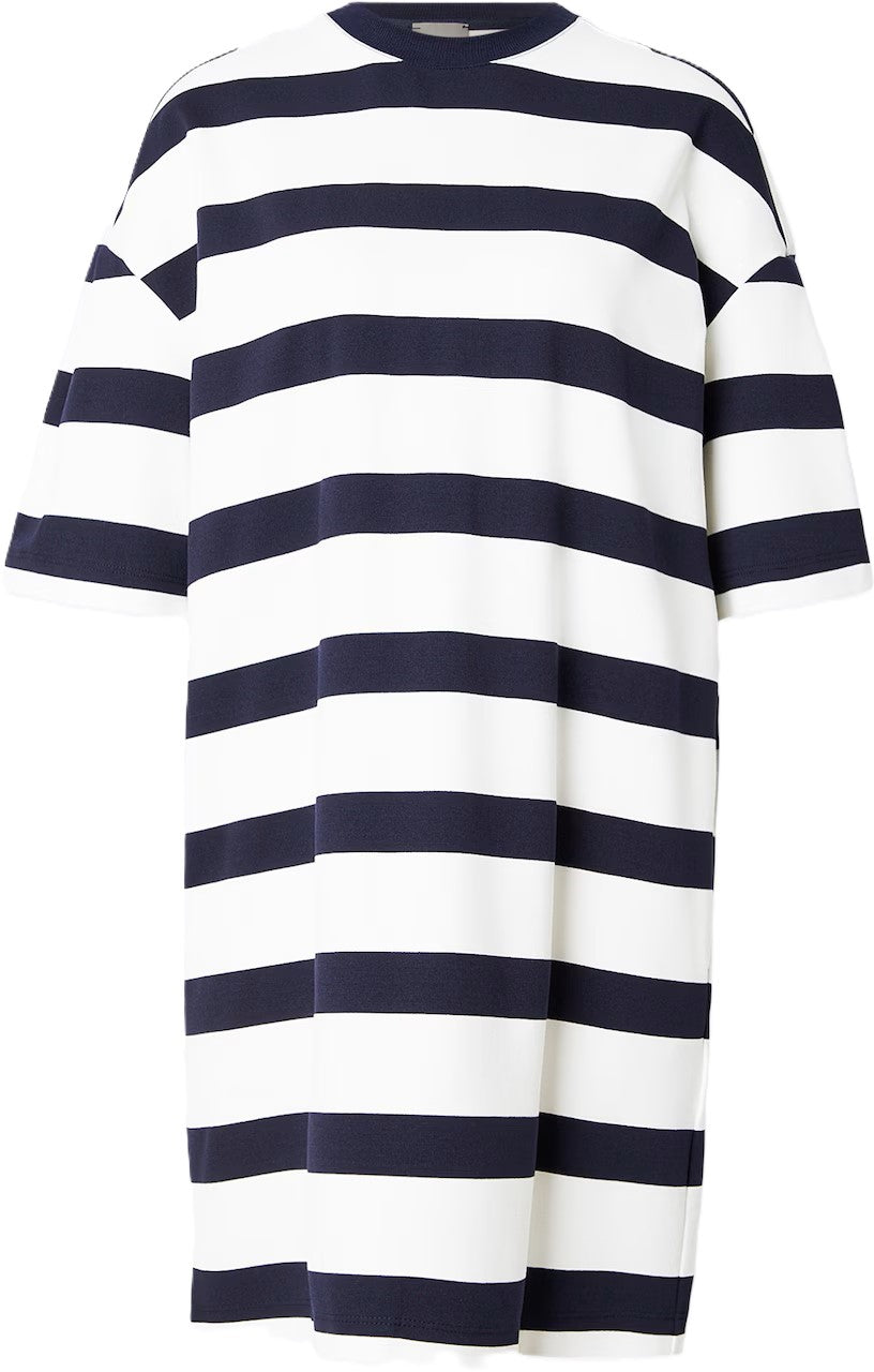 Short-Sleeve Striped Mini Dress with Round Neckline