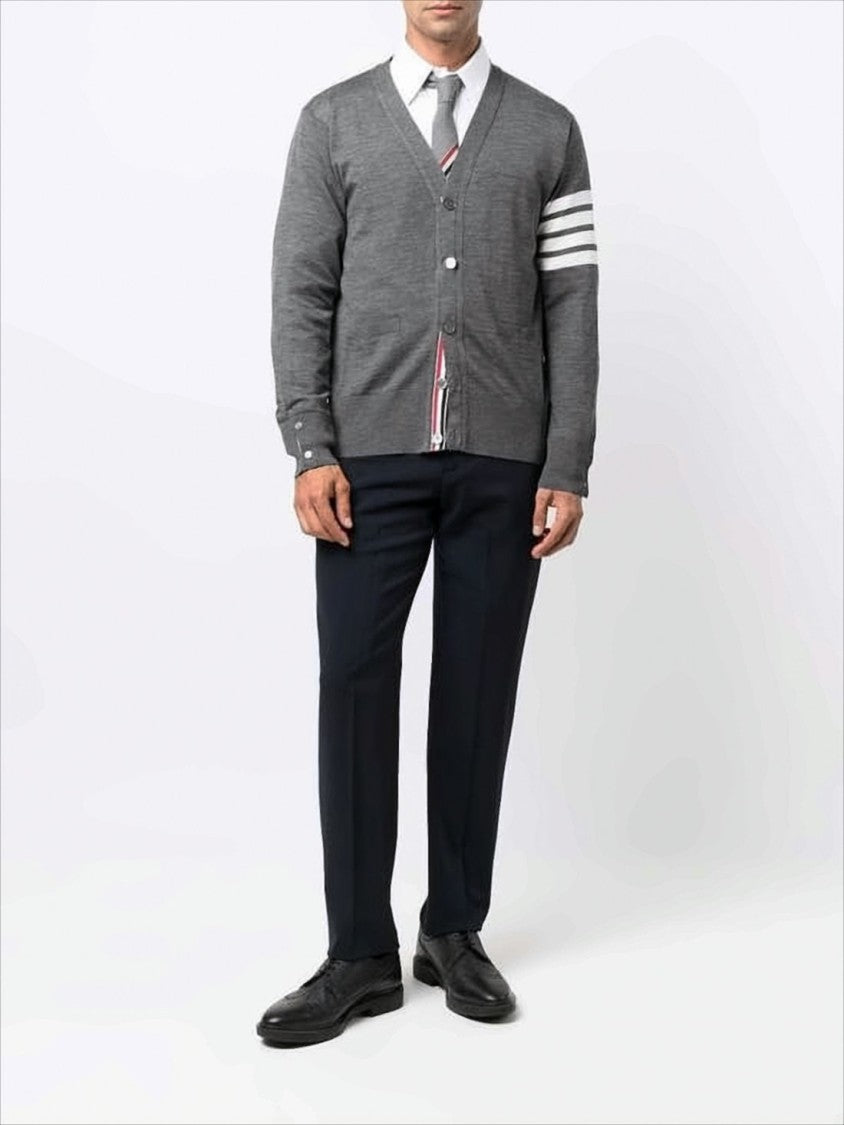 V-Neck Grey Wool Cardigan with Signature Striped Detail