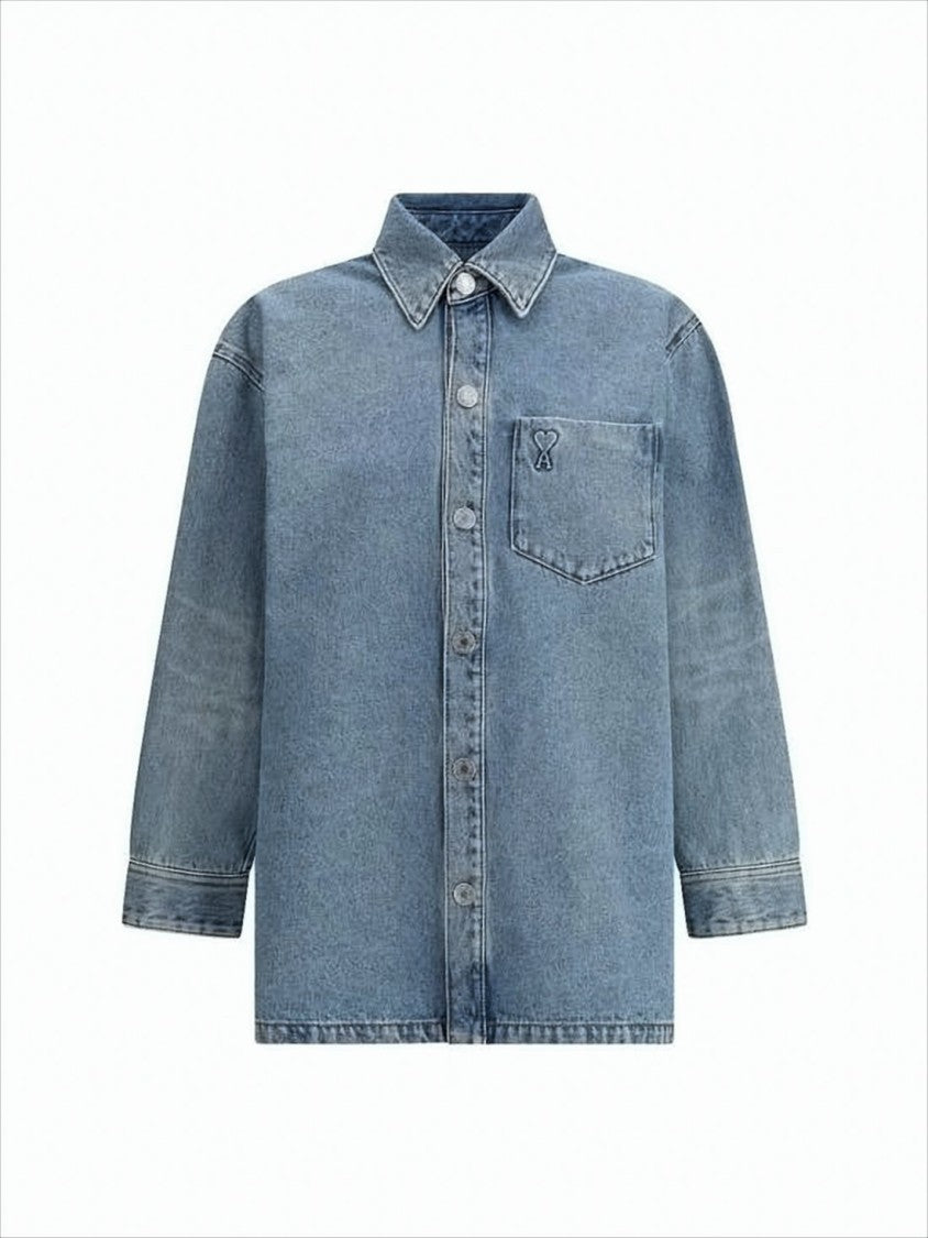 Denim Shirt with Classic Collar and Embroidered Detailing