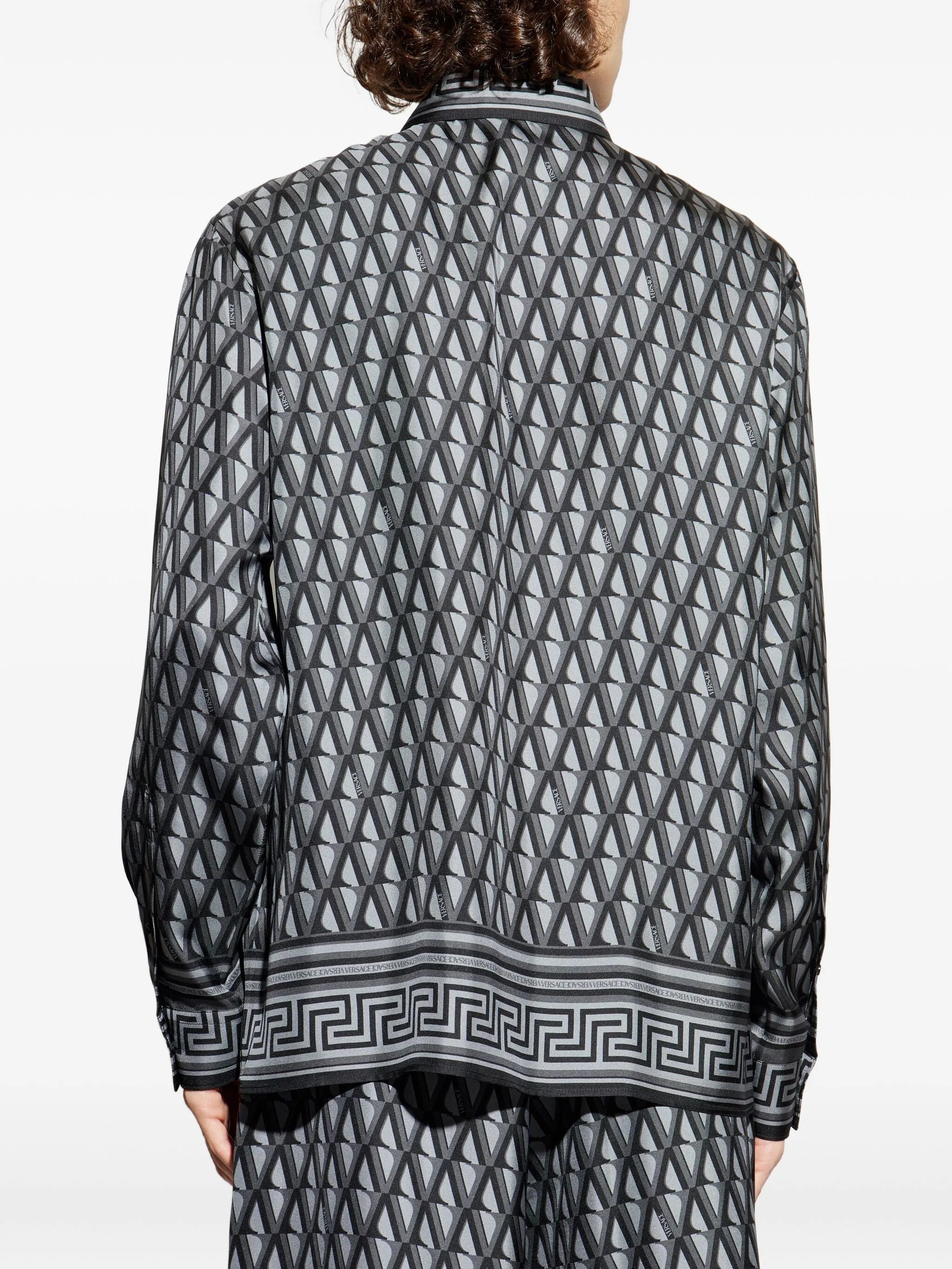 Blue Geometric Greek Key Silk Shirt