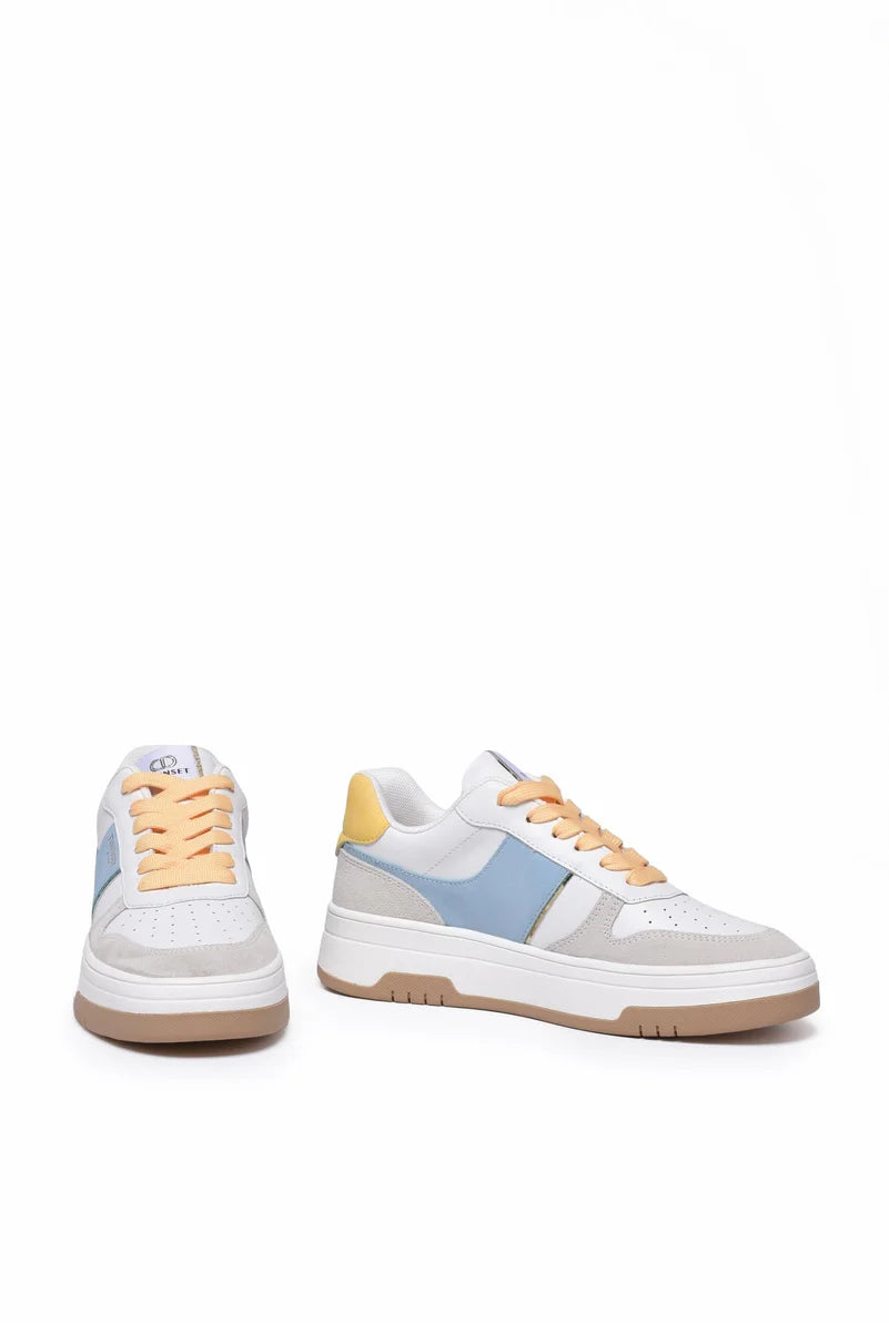 Women's Leather and Suede Sneakers - White/Light Blue