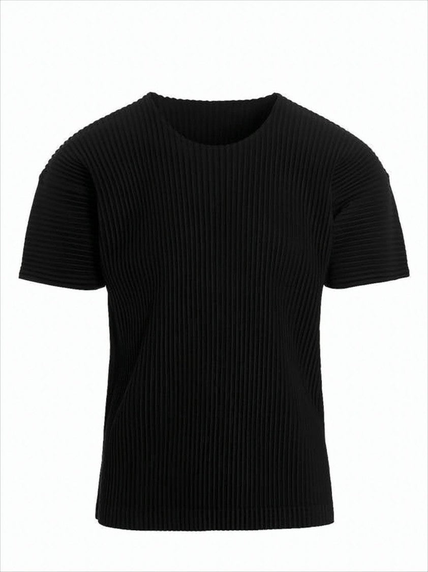 Pleated Textured Short-Sleeved Top With Boxy Silhouette