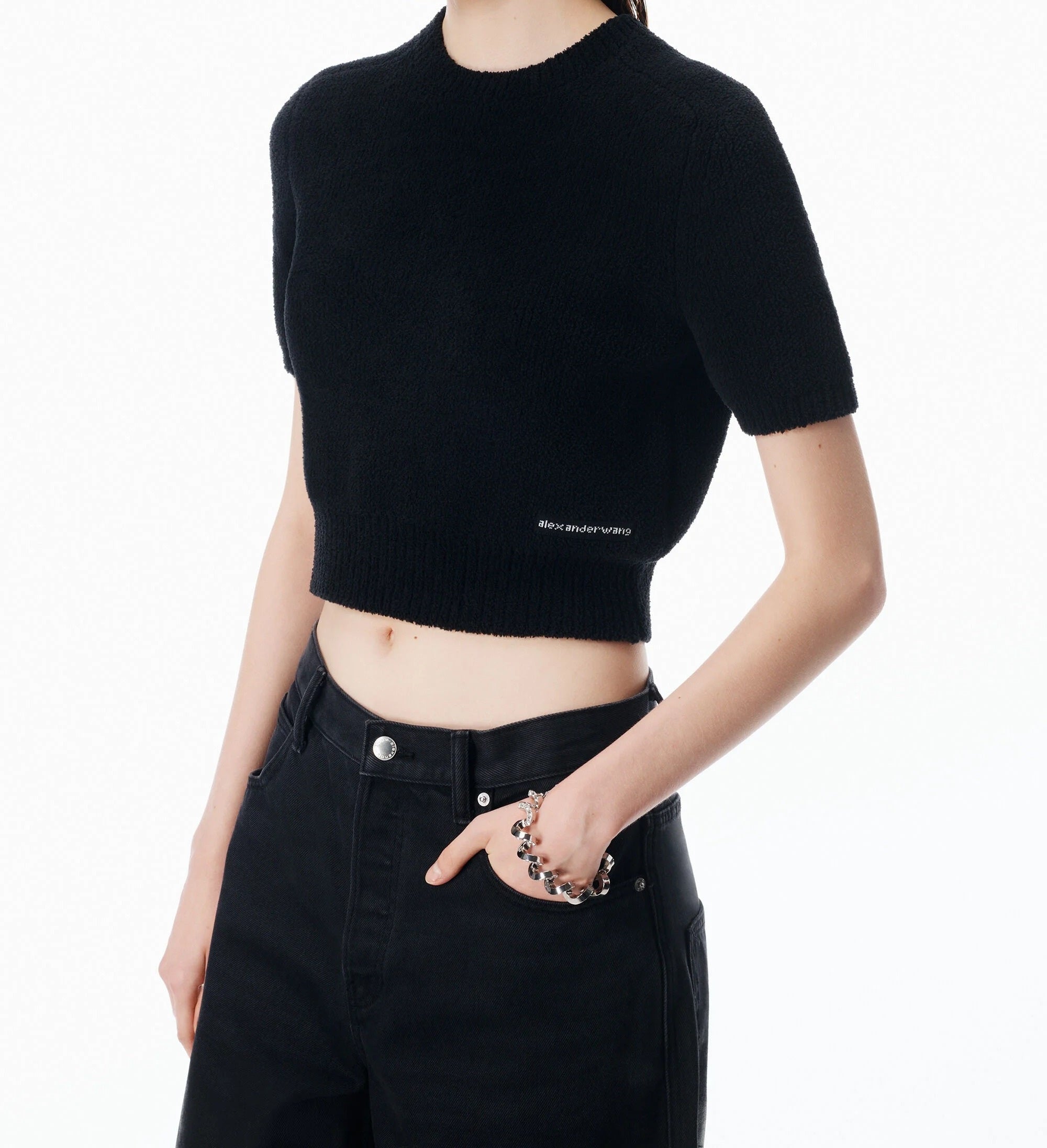 Ss Cropped Crewneck Tee With Knit Logo Label
